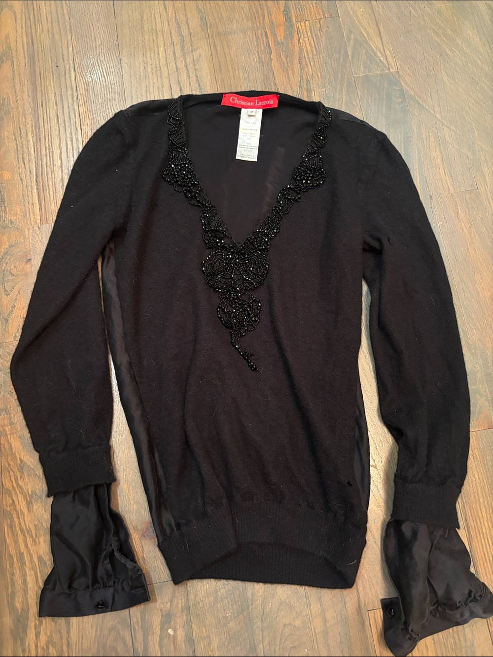 Christian Lacroix Black Beaded V-Neck Knit Top with Satin Cuffs